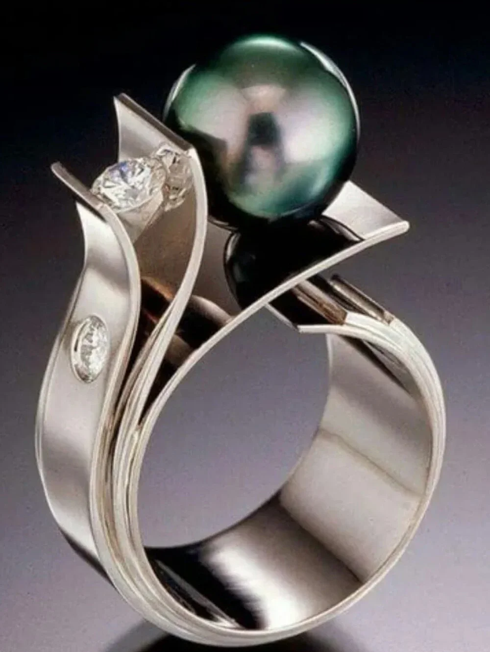 Tahitian Pearl and Diamond Modern Sterling Silver Ring